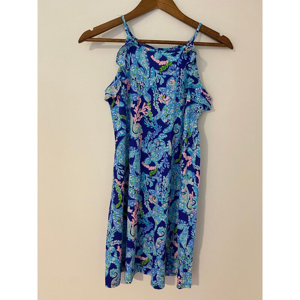 Lilly Pulitzer Girl's Mini Billie High Tide Navy Ruffle Sleeveless Dress XL EUC
